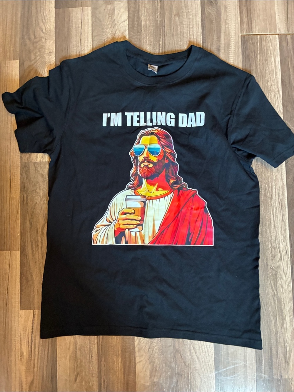 Graphic 'I'm Telling Dad' Black T-Shirt with Colorful Jesus Print- Size Large